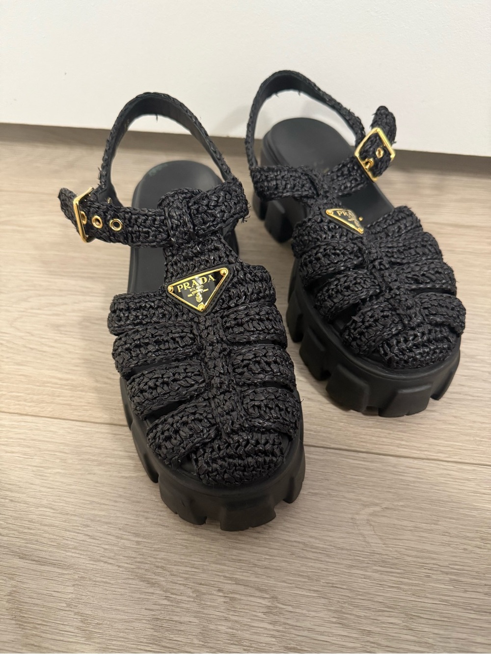 Prada Black Braided Platform Lug Sandals with Gold Logo